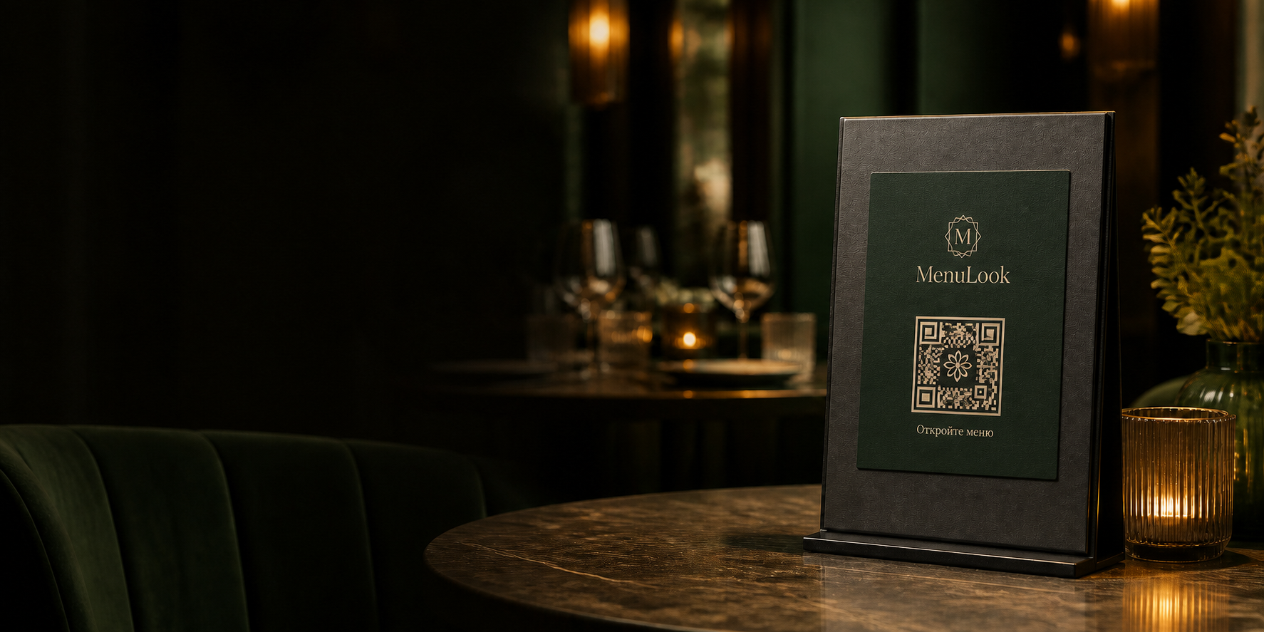 Интерьер ресторана с фирменной карточкой MenuLook и QR-кодом